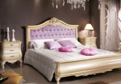 Casa Padrino Luxus Barock Doppelbett Lila / Cremefarben / Gold - Prunkvolles Massivholz Bett im Barockstil - Barock Schlafzimmer & Hotel Möbel - Luxus Qualität - Made in Italy
