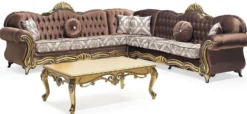 Casa Padrino Luxus Barock Ecksofa Braun / Mehrfarbig / Gold - Prunkvolles Wohnzimmer Sofa mit Glitzersteinen und elegantem Muster - Barock Wohnzimmer Möbel - Edel & Prunkvoll