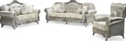 Casa Padrino Luxus Barock 2er Sofa Grau / Creme / Silber / Schwarz - Prunkvolles Wohnzimmer Sofa mit elegantem Muster und Glitzersteinen - Luxus Wohnzimmer Möbel im Barockstil - Barock Möbel