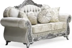 Casa Padrino Luxus Barock 2er Sofa Grau / Creme / Silber / Schwarz - Prunkvolles Wohnzimmer Sofa mit elegantem Muster und Glitzersteinen - Luxus Wohnzimmer Möbel im Barockstil - Barock Möbel