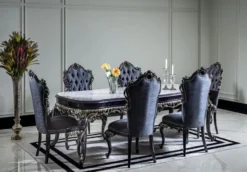Casa Padrino Luxus Barock Esszimmer Set Weiß / Blau / Gold - 1 Esstisch & 6 Esszimmerstühle - Barock Esszimmer Möbel - Edel & Prunkvoll