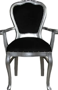 Casa Padrino Luxus Barock Esszimmer Set Schwarz / Silber - 6 handgefertigte Esszimmerstühle - 2 Stühle mit Armlehnen und 4 Stühle ohne Armlehnen - Barock Esszimmermöbel