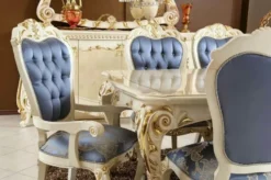 Casa Padrino Luxus Barock Esszimmer Set Blau / Weiß / Gold - 1 Barock Esstisch & 6 Barock Esszimmerstühle - Barock Esszimmer Möbel - Luxus Möbel im Barockstil - Edel & Prunkvoll