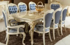 Casa Padrino Luxus Barock Esszimmer Set Blau / Weiß / Gold - 1 Barock Esstisch & 6 Barock Esszimmerstühle - Barock Esszimmer Möbel - Luxus Möbel im Barockstil - Edel & Prunkvoll