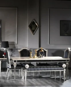 Casa Padrino Luxus Barock Esstisch Antik Silber 200 x 112 x H. 85 cm - Massivholz Küchentisch mit Spiegelglas - Edle Esszimmer Möbel im Barockstil