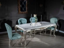 Casa Padrino Luxus Barock Esstisch Weiß / Silber / Gold 207 x 112 x H. 82 cm - Massivholz Esszimmertisch - Edle Barock Esszimmer Möbel