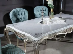 Casa Padrino Luxus Barock Esstisch Weiß / Silber / Gold 207 x 112 x H. 82 cm - Massivholz Esszimmertisch - Edle Barock Esszimmer Möbel