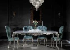 Casa Padrino Luxus Barock Esstisch Weiß / Silber / Gold 207 x 112 x H. 82 cm - Massivholz Esszimmertisch - Edle Barock Esszimmer Möbel
