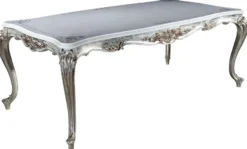 Casa Padrino Luxus Barock Esstisch Weiß / Silber / Gold 207 x 112 x H. 82 cm - Massivholz Esszimmertisch - Edle Barock Esszimmer Möbel