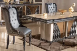 Casa Padrino Luxus Barock Esszimmer Set Beige / Hellblau / Schwarz / Gold - 1 Barock Esstisch & 6 Barock Esszimmerstühle - Luxus Esszimmer Möbel im Barockstil - Barock Möbel - Edel & Prunkvoll