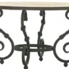 Casa Padrino Luxus Barock Esstisch Beige / Grau - Runder handgefertigter Schmiedeeisen Gartentisch mit Naturstein Mosaik Fliesen Tischplatte - Garten Terrassen Esszimmer Möbel