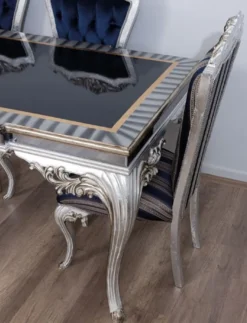Casa Padrino Luxus Barock Esszimmer Set Blau / Silber - 1 Esstisch & 6 Esszimmerstühle - Handgefertigte Barock Esszimmer Möbel