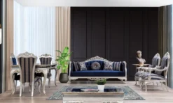 Casa Padrino Luxus Barock Esszimmer Set Blau / Silber - 1 Esstisch & 6 Esszimmerstühle - Handgefertigte Barock Esszimmer Möbel