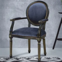 Casa Padrino Luxus Barock Esszimmer Stuhl mit Armlehnen Blau / Schwarz / Gold - Barockstil Möbel