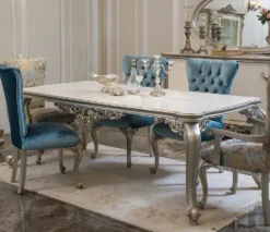 Casa Padrino Luxus Barock Esstisch Weiß / Silber - Massivholz Küchentisch im Barockstil - Barock Esszimmer Möbel