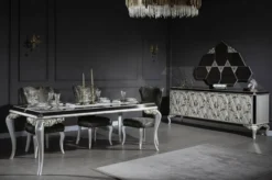 Casa Padrino Luxus Barock Esszimmer Set Grün / Gold / Weiß - 1 Esstisch mit Glasplatte & 6 Esszimmerstühle - Edle Esszimmer Möbel im Barockstil