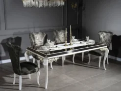 Casa Padrino Luxus Barock Esszimmer Set Grün / Gold / Weiß - 1 Esstisch mit Glasplatte & 6 Esszimmerstühle - Edle Esszimmer Möbel im Barockstil