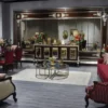Casa Padrino Luxus Barock Esszimmer Set Bordeauxrot / Dunkelbraun / Silber - 1 Esstisch & 6 Esszimmerstühle - Esszimmer Möbel im Barockstil - Edel & Prunkvoll