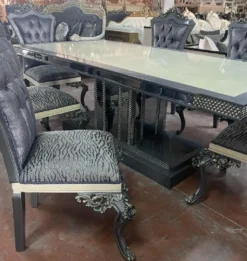 Casa Padrino Luxus Barock Esszimmer Set Creme / Blau / Grau - 1 Barock Esstisch & 6 Barock Esszimmerstühle - Luxus Esszimmer Möbel im Barockstil - Prunkvolle Barock Esszimmer Möbel