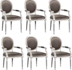 Casa Padrino Luxus Barock Esszimmer Set Weiß / Gold / Grau 59 x 43,5 x H. 98 cm - 6 Esszimmerstühle mit Armlehnen - Esszimmermöbel