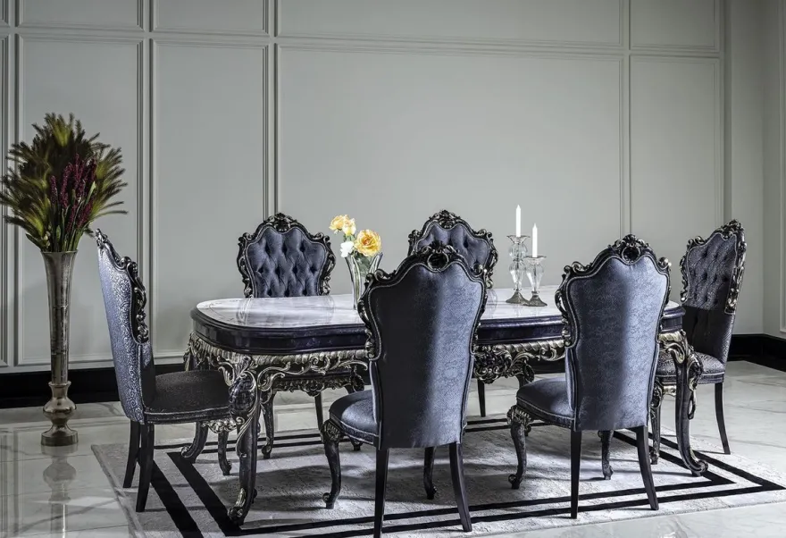 Casa Padrino Luxus Barock Esszimmerstuhl Set Blau / Gold - Handgefertigtes Küchen Stühle 6er Set - Barock Esszimmer Möbel - Edel & Prunkvoll
