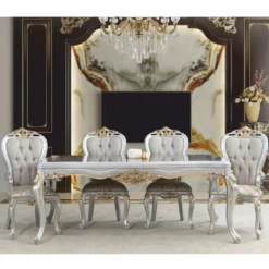Casa Padrino Luxus Barock Esszimmer Set Grau / Silber / Gold - 1 Esstisch & 8 Stühle