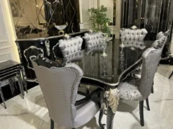 Casa Padrino Luxus Barock Esszimmer Set Silber / Schwarz / Silber - 1 Esstisch & 6 Esszimmerstühle - Barock Esszimmer Möbel - Edel & Prunkvoll