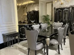 Casa Padrino Luxus Barock Esszimmer Set Silber / Schwarz / Silber - 1 Esstisch & 6 Esszimmerstühle - Barock Esszimmer Möbel - Edel & Prunkvoll