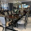 Casa Padrino Luxus Barock Esszimmer Set Braun / Silber / Schwarz / Gold - 1 Barock Esstisch & 8 Barock Esszimmerstühle - Barock Esszimmer Möbel - Edel & Prunkvoll