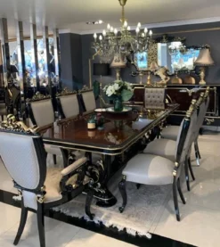 Casa Padrino Luxus Barock Esszimmer Set Braun / Silber / Schwarz / Gold - 1 Barock Esstisch & 8 Barock Esszimmerstühle - Barock Esszimmer Möbel - Edel & Prunkvoll