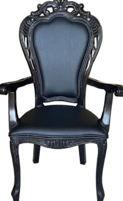 Casa Padrino Luxus Barock Esszimmer Stuhl Schwarz / Schwarz - Handgefertigter Antik Stil Stuhl mit Armlehnen und edlem Kunstleder - Esszimmer Möbel im Barockstil
