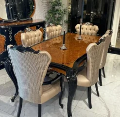 Casa Padrino Luxus Barock Esszimmer Set Gold / Braun / Schwarz / Silber - 1 Barock Esstisch & 6 Barock Esszimmerstühle - Barock Esszimmer Möbel - Edel & Prunkvoll