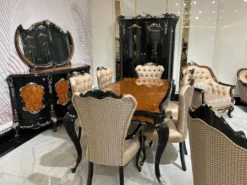 Casa Padrino Luxus Barock Esszimmer Set Gold / Braun / Schwarz / Silber - 1 Barock Esstisch & 6 Barock Esszimmerstühle - Barock Esszimmer Möbel - Edel & Prunkvoll