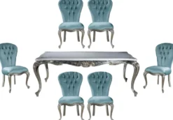 Casa Padrino Luxus Barock Esszimmer Set Hellblau / Silber - 1 Esstisch & 6 Esszimmerstühle - Barock Esszimmer Möbel - Edel & Prunkvoll