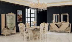 Casa Padrino Luxus Barock Esszimmer Set Weiß / Gold - 1 Esstisch & 8 Esszimmerstühle - Esszimmer Möbel im Barockstil - Edel & Prunkvoll