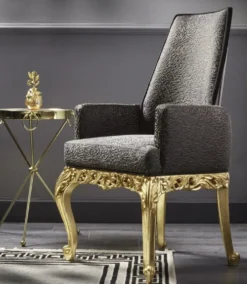 Casa Padrino Luxus Barock Esszimmer Stuhl mit Armlehnen Grau / Dunkelbraun / Gold H. 116 cm - Barock Möbel