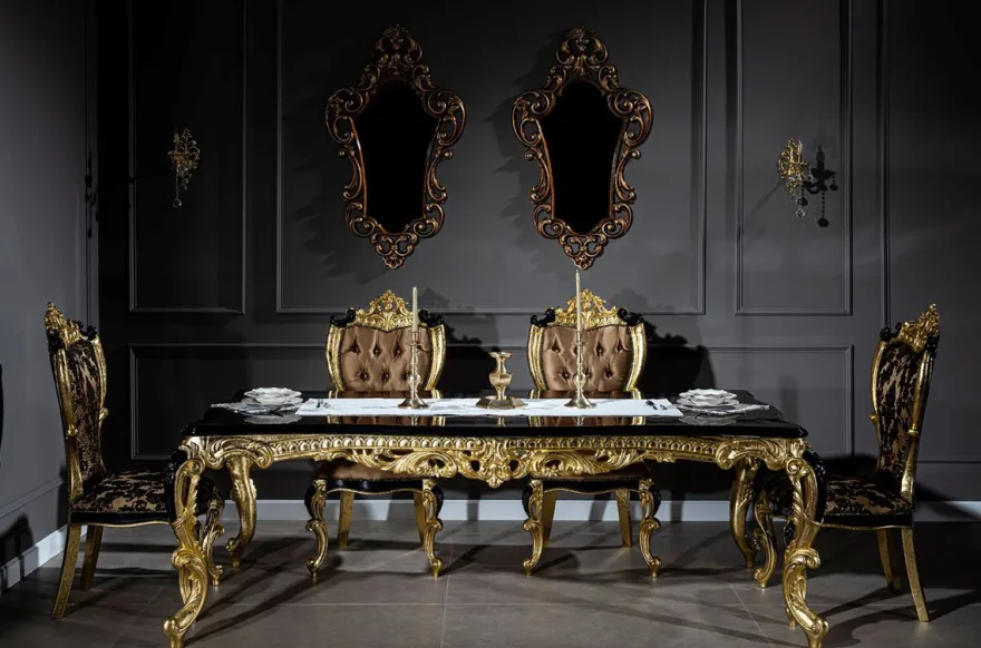 Casa Padrino Luxus Barock Esszimmer Set Braun / Schwarz / Gold - 1 Esstisch & 6 Esszimmerstühle - Prunkvolle Esszimmer Möbel im Barockstil