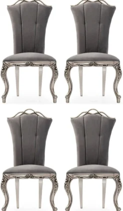Casa Padrino Luxus Barock Esszimmer Stuhl 4er Set Grau / Silber - Prunkvolle Barockstil Küchen Stühle - Luxus Esszimmer Möbel im Barockstil - Barock Esszimmer Möbel - Barockstil Möbel