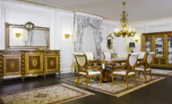 Casa Padrino Luxus Barock Esstisch Hellbraun / Braun / Gold - Verschiedene Größen - Prunkvoller Massivholz Esszimmertisch - Hotel Restaurant Schloss Möbel - Luxus Qualität - Made in Italy