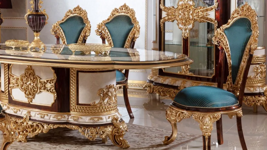 Casa Padrino Luxus Barock Esszimmer Set Weiß / Braun / Blau / Gold - 1 Barock Esstisch & 6 Barock Esszimmerstühle - Barock Esszimmer Möbel - Edel & Prunkvoll