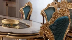 Casa Padrino Luxus Barock Esszimmer Set Weiß / Braun / Blau / Gold - 1 Barock Esstisch & 6 Barock Esszimmerstühle - Barock Esszimmer Möbel - Edel & Prunkvoll