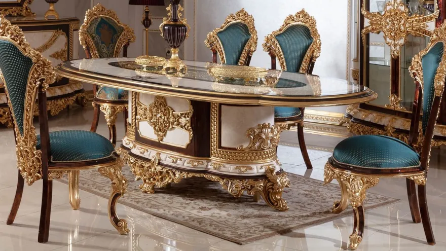 Casa Padrino Luxus Barock Esszimmer Set Weiß / Braun / Blau / Gold - 1 Barock Esstisch & 6 Barock Esszimmerstühle - Barock Esszimmer Möbel - Edel & Prunkvoll
