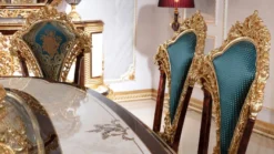 Casa Padrino Luxus Barock Esszimmer Set Weiß / Braun / Blau / Gold - 1 Barock Esstisch & 6 Barock Esszimmerstühle - Barock Esszimmer Möbel - Edel & Prunkvoll
