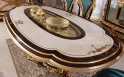 Casa Padrino Luxus Barock Esszimmer Set Weiß / Braun / Blau / Gold - 1 Barock Esstisch & 6 Barock Esszimmerstühle - Barock Esszimmer Möbel - Edel & Prunkvoll