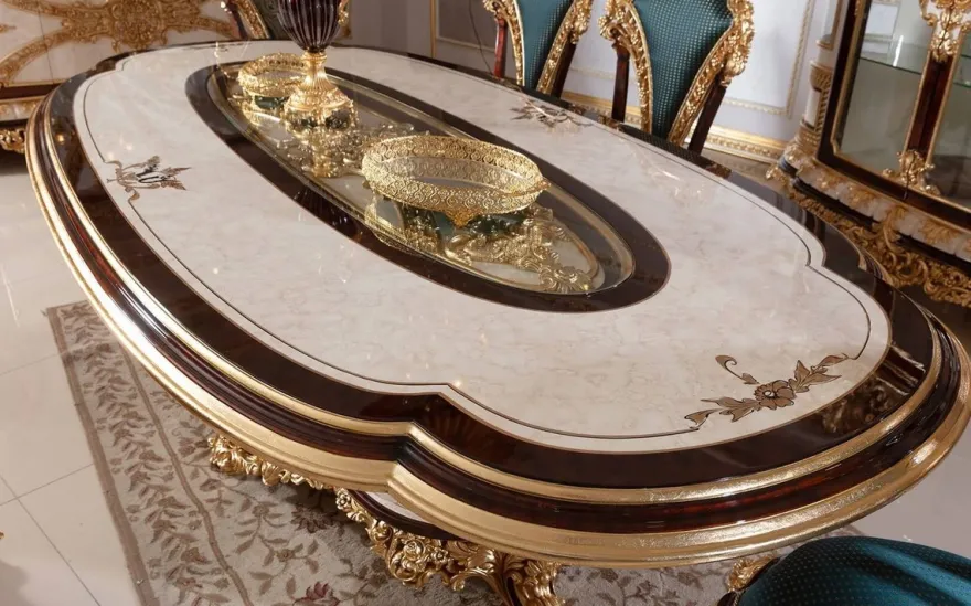 Casa Padrino Luxus Barock Esszimmer Set Weiß / Braun / Blau / Gold - 1 Barock Esstisch & 6 Barock Esszimmerstühle - Barock Esszimmer Möbel - Edel & Prunkvoll