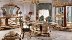 Casa Padrino Luxus Barock Esszimmer Set Weiß / Braun / Blau / Gold - 1 Barock Esstisch & 6 Barock Esszimmerstühle - Barock Esszimmer Möbel - Edel & Prunkvoll