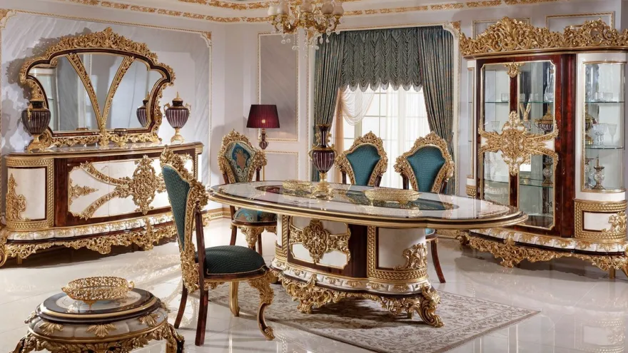 Casa Padrino Luxus Barock Esszimmer Set Weiß / Braun / Blau / Gold - 1 Barock Esstisch & 6 Barock Esszimmerstühle - Barock Esszimmer Möbel - Edel & Prunkvoll
