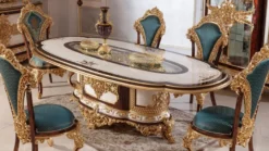 Casa Padrino Luxus Barock Esszimmer Set Weiß / Braun / Blau / Gold - 1 Barock Esstisch & 6 Barock Esszimmerstühle - Barock Esszimmer Möbel - Edel & Prunkvoll