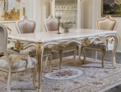 Casa Padrino Luxus Barock Esstisch Weiß / Gold - Edler Massivholz Esszimmertisch - Prunkvolle Barock Esszimmer Möbel