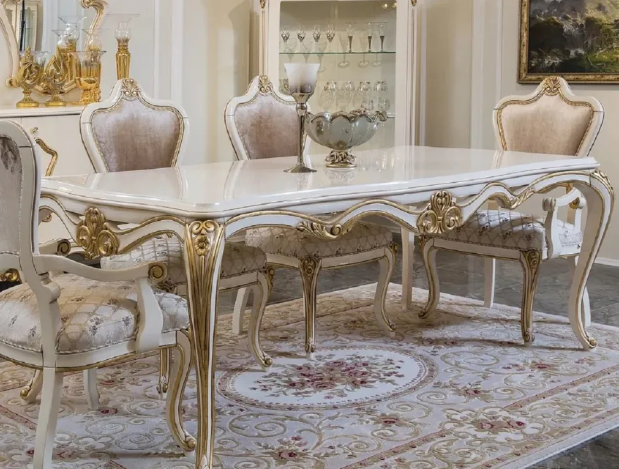 Casa Padrino Luxus Barock Esstisch Weiß / Gold - Edler Massivholz Esszimmertisch - Prunkvolle Barock Esszimmer Möbel